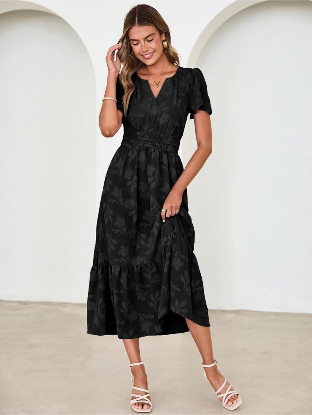 Women's Black Short Sleeve V Neck Empire Waist Floral Imported Maxi Dress - Picture 5 of 7